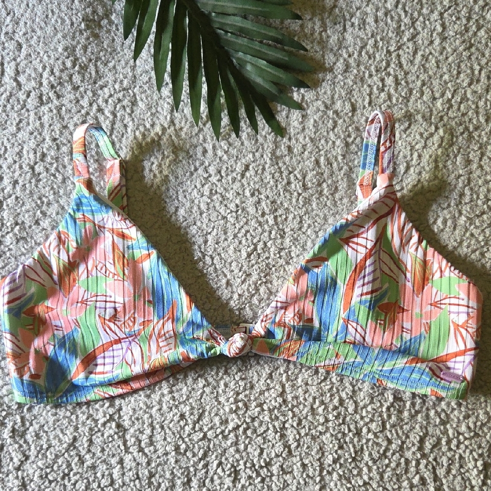 Roxy Tropical Floral Chunky Ribbed Textured Knotted Triangle Bikini Top